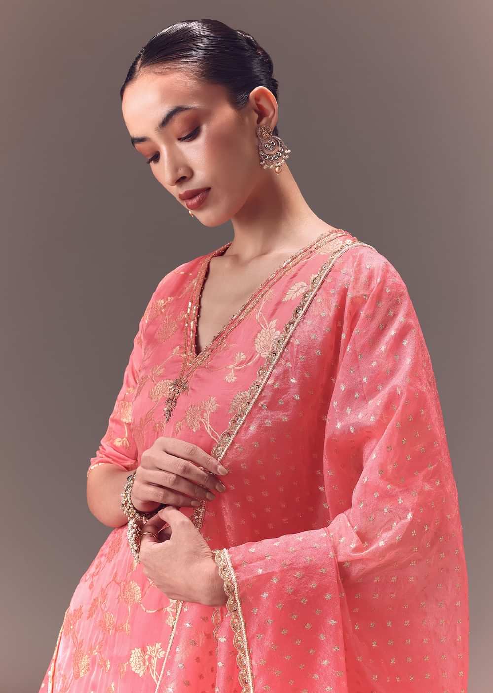 Peach Brocade Kurti With Sharara Pants And Dupatta