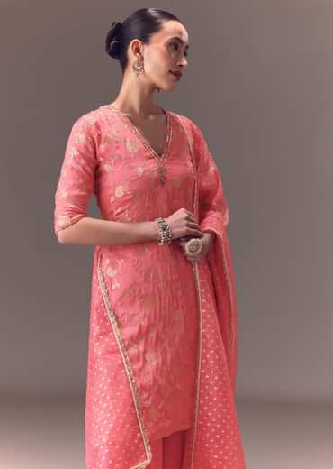 Peach Brocade Kurti With Sharara Pants And Dupatta