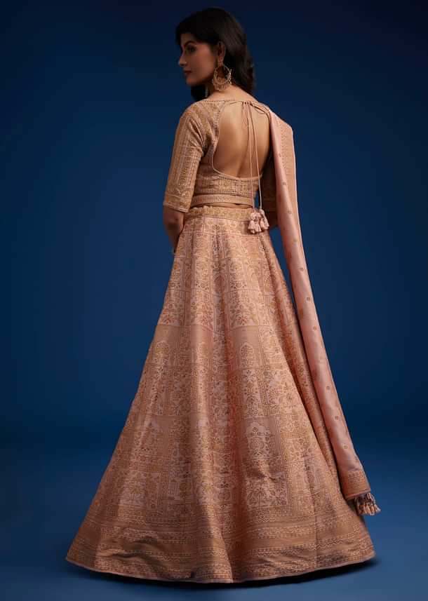 Peach Brocade Lehenga Set With Zari And Resham Work