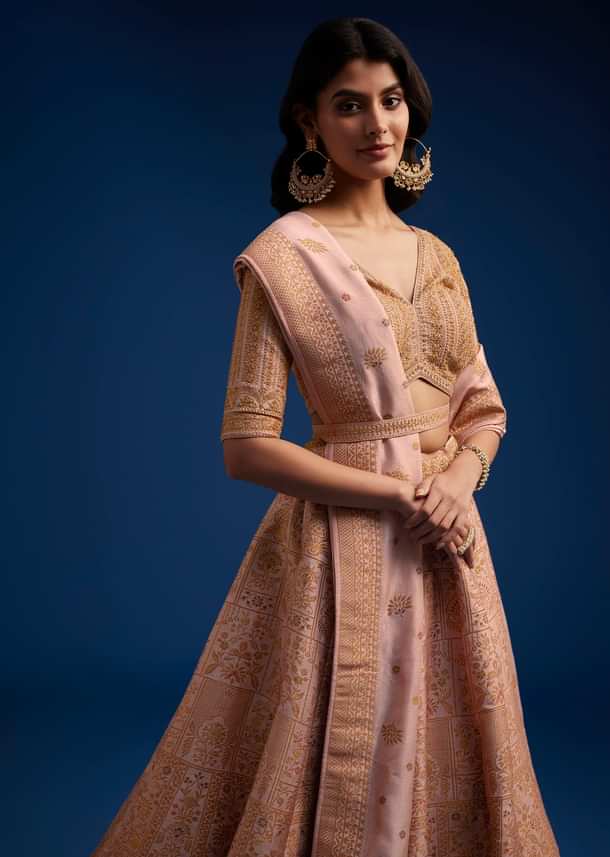 Peach Brocade Lehenga Set With Zari And Resham Work