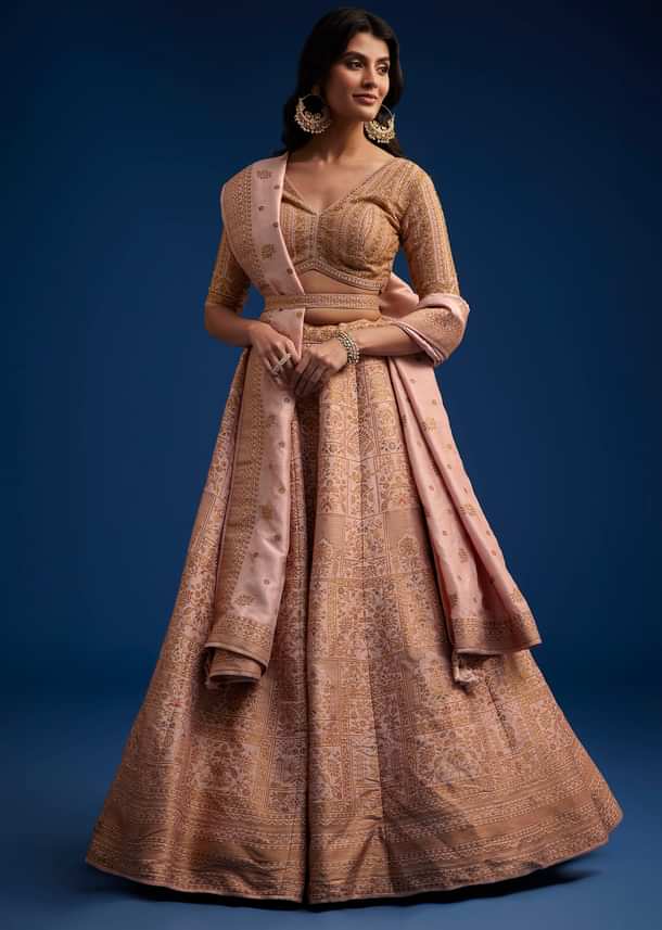 Peach Brocade Lehenga Set With Zari And Resham Work