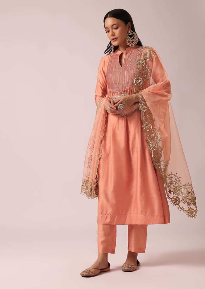 Peach Chanderi Anarkali And Pant Set