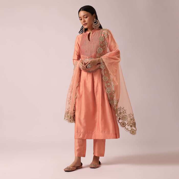 Peach Chanderi Anarkali And Pant Set