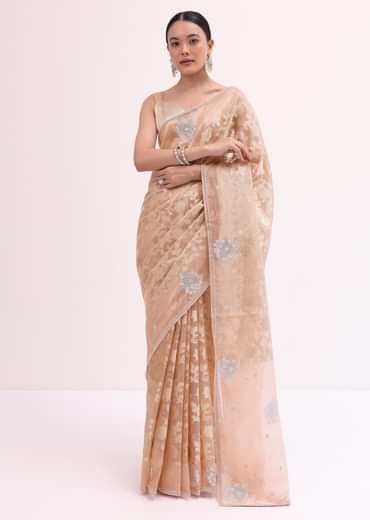 Peach Chanderi Saree With Unstitched Blouse
