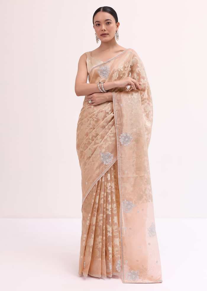 Peach Chanderi Saree With Unstitched Blouse