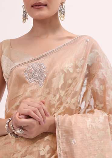 Peach Chanderi Saree With Unstitched Blouse