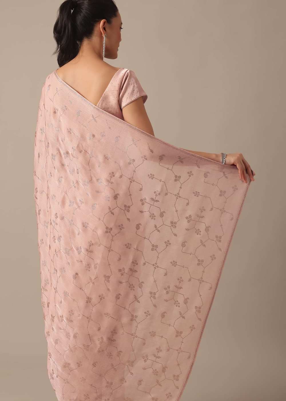 Peach Chiffon Saree With Swarovski Embellishments And Unstitched Blouse Piece