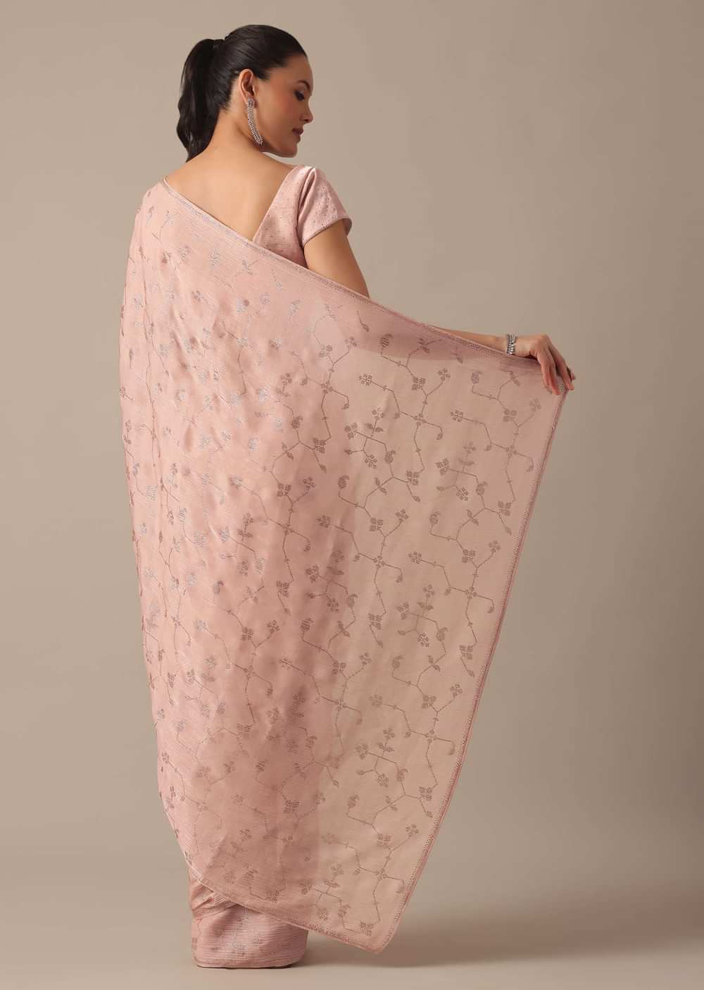 Peach Chiffon Saree With Swarovski Embellishments And Unstitched Blouse Piece