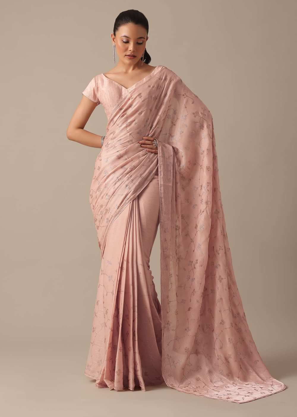 Peach Chiffon Saree With Swarovski Embellishments And Unstitched Blouse Piece