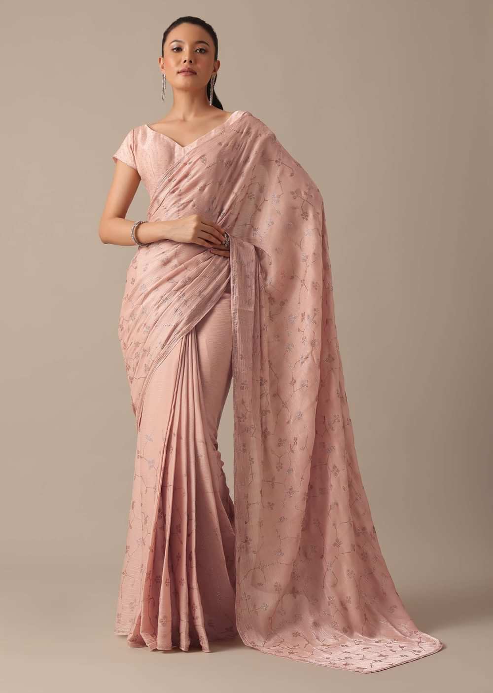 Peach Chiffon Saree With Swarovski Embellishments And Unstitched Blouse Piece