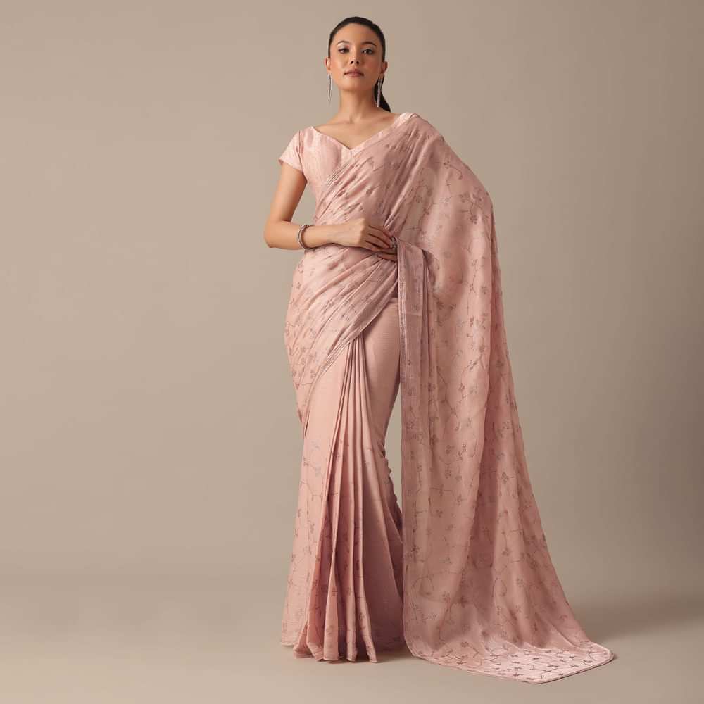 Peach Chiffon Saree With Swarovski Embellishments And Unstitched Blouse Piece