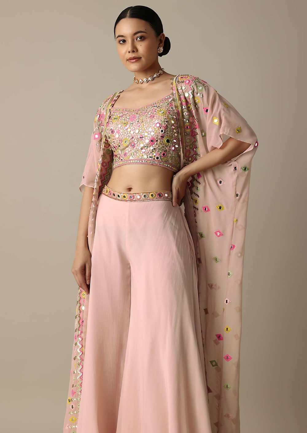 Peach Choli Indowestern Suit With Exquisite Mirror Work