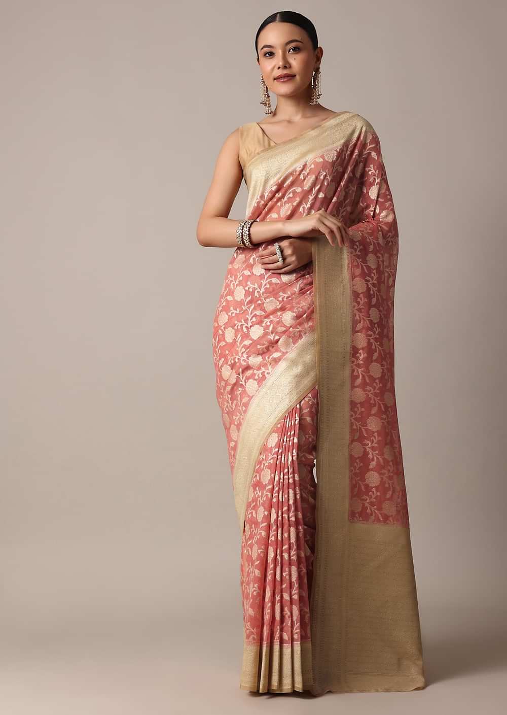 Peach Cotton Chanderi Saree With Zari Floral Motifs And Unstitched Blouse Piece