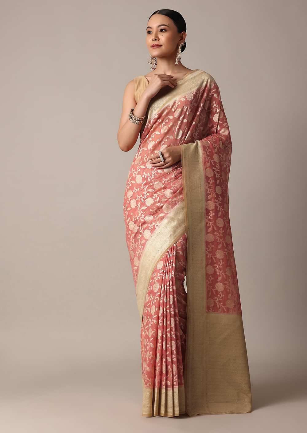 Peach Cotton Chanderi Saree With Zari Floral Motifs And Unstitched Blouse Piece