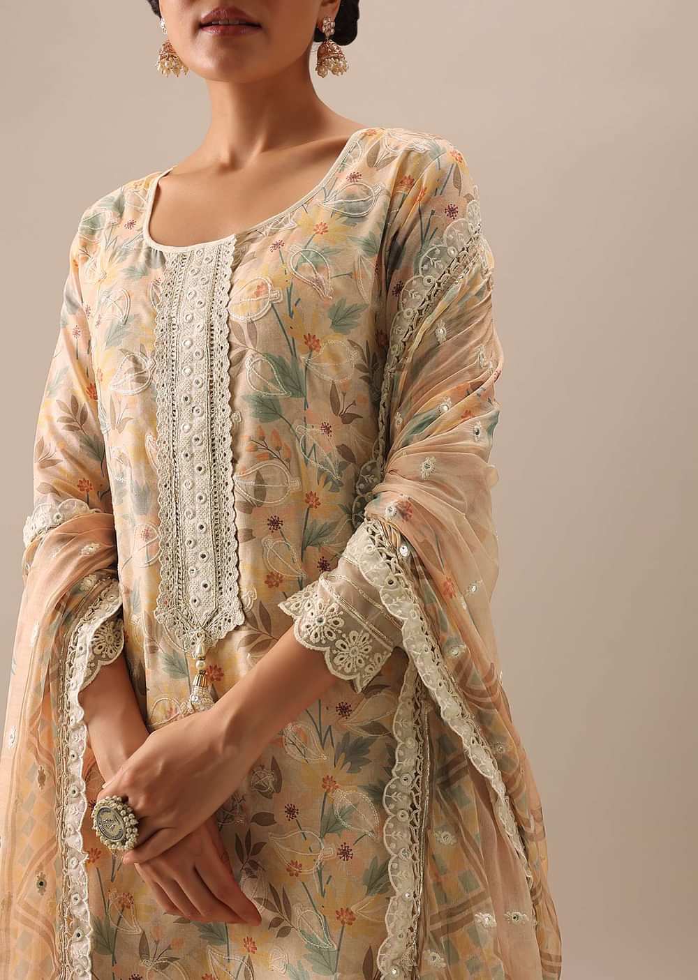 Peach Cotton Kurta Set with Floral Prints