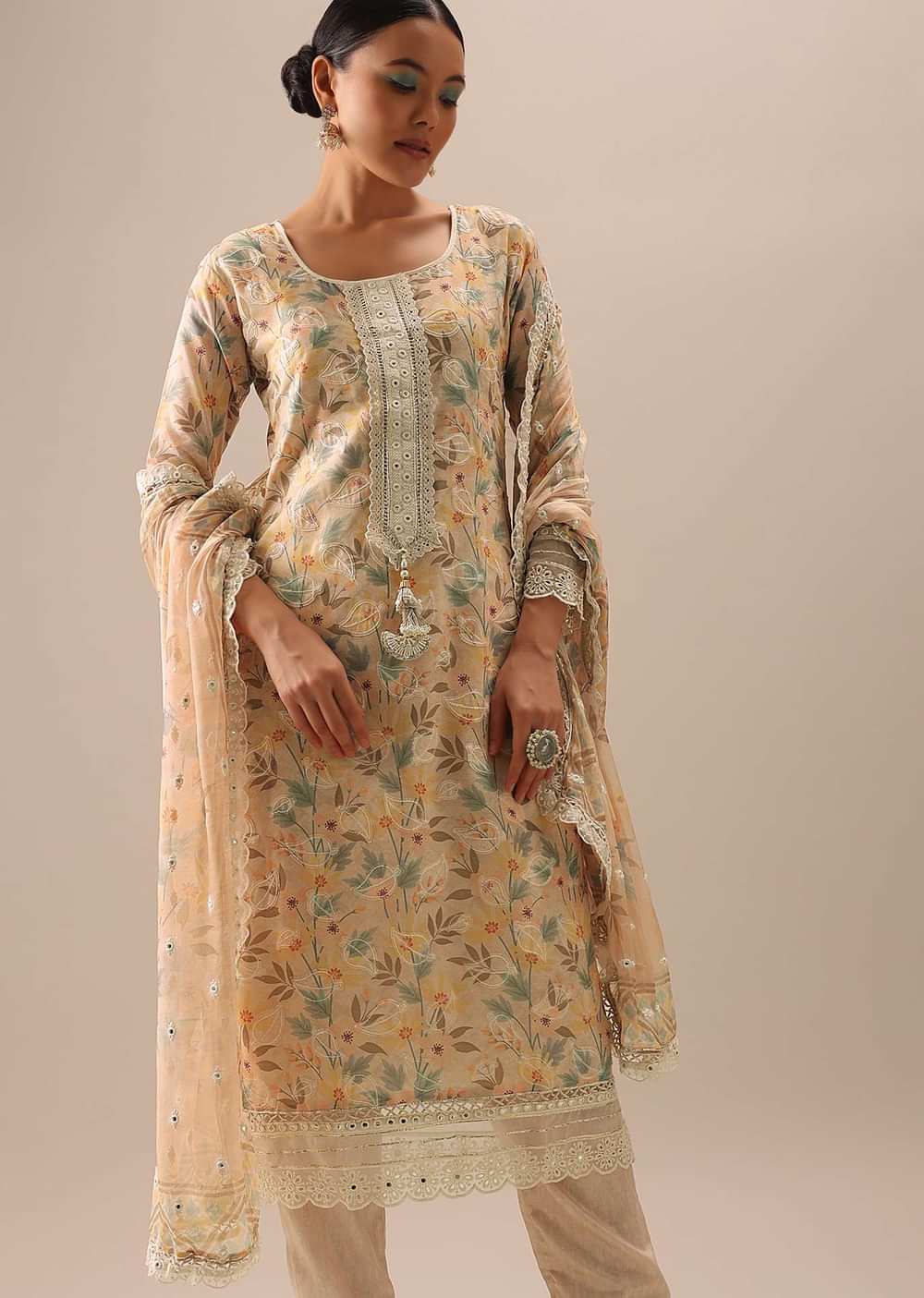 Peach Cotton Kurta Set with Floral Prints