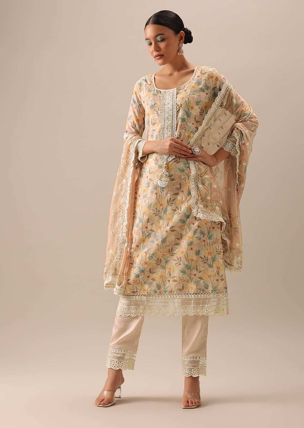 Peach Cotton Kurta Set with Floral Prints