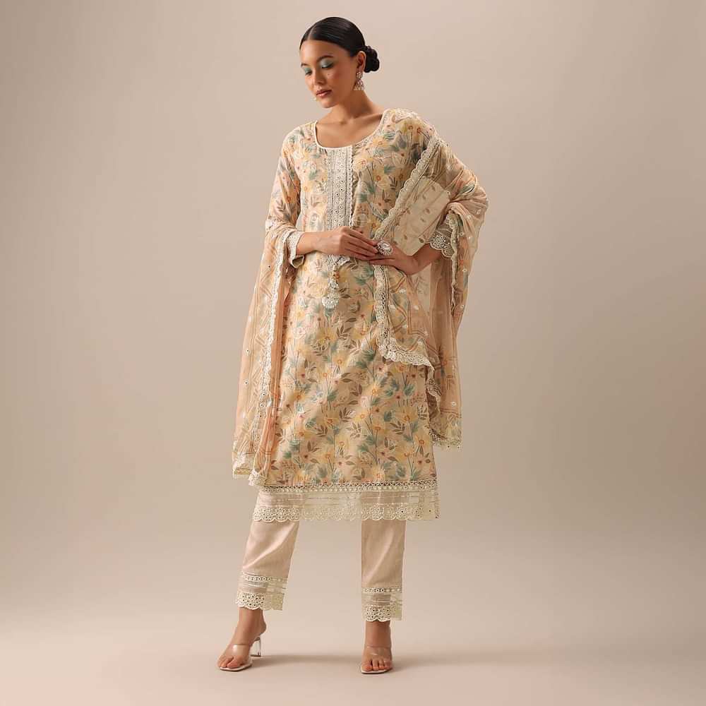Peach Cotton Kurta Set with Floral Prints