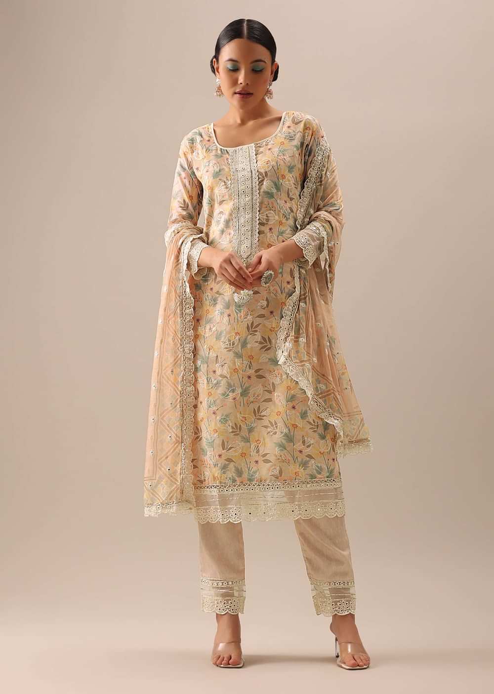 Peach Cotton Kurta Set with Floral Prints