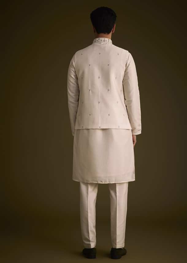 Peach Cotton Silk Jacket Set With Multi Color Resham Floral Embroidery