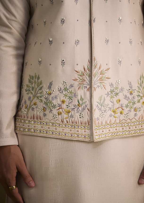 Peach Cotton Silk Jacket Set With Multi Color Resham Floral Embroidery