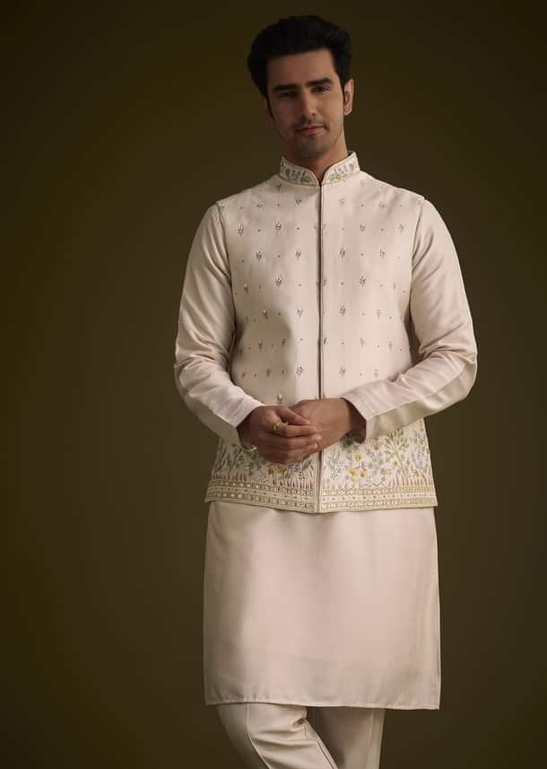 Peach Cotton Silk Jacket Set With Multi Color Resham Floral Embroidery