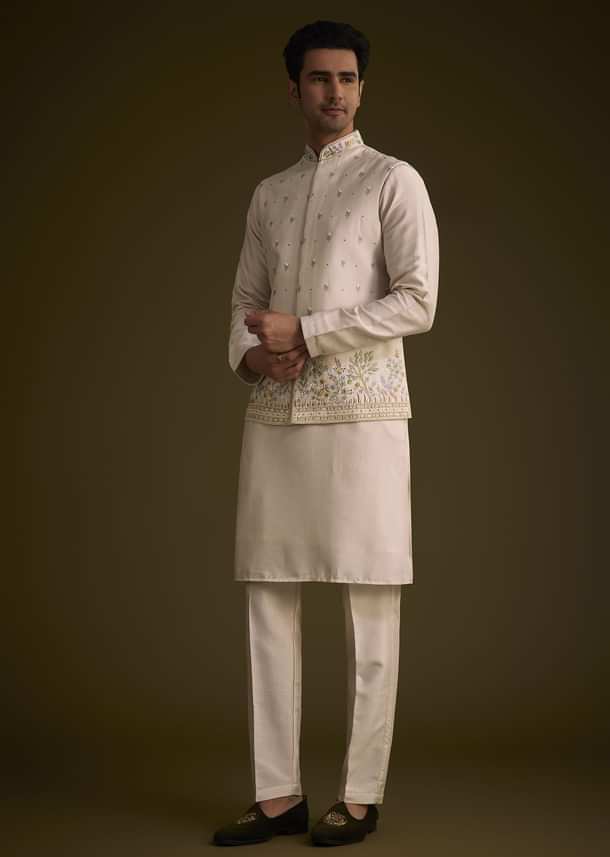 Peach Cotton Silk Jacket Set With Multi Color Resham Floral Embroidery