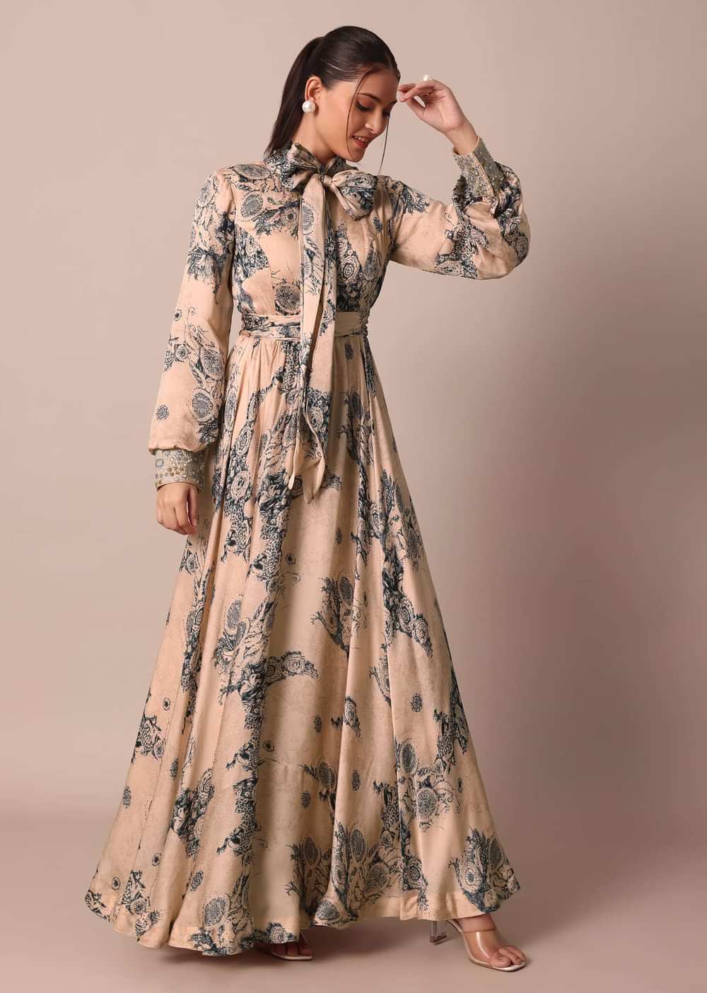 Peach Crepe Printed Indo Gown With Embroidered Sleeves