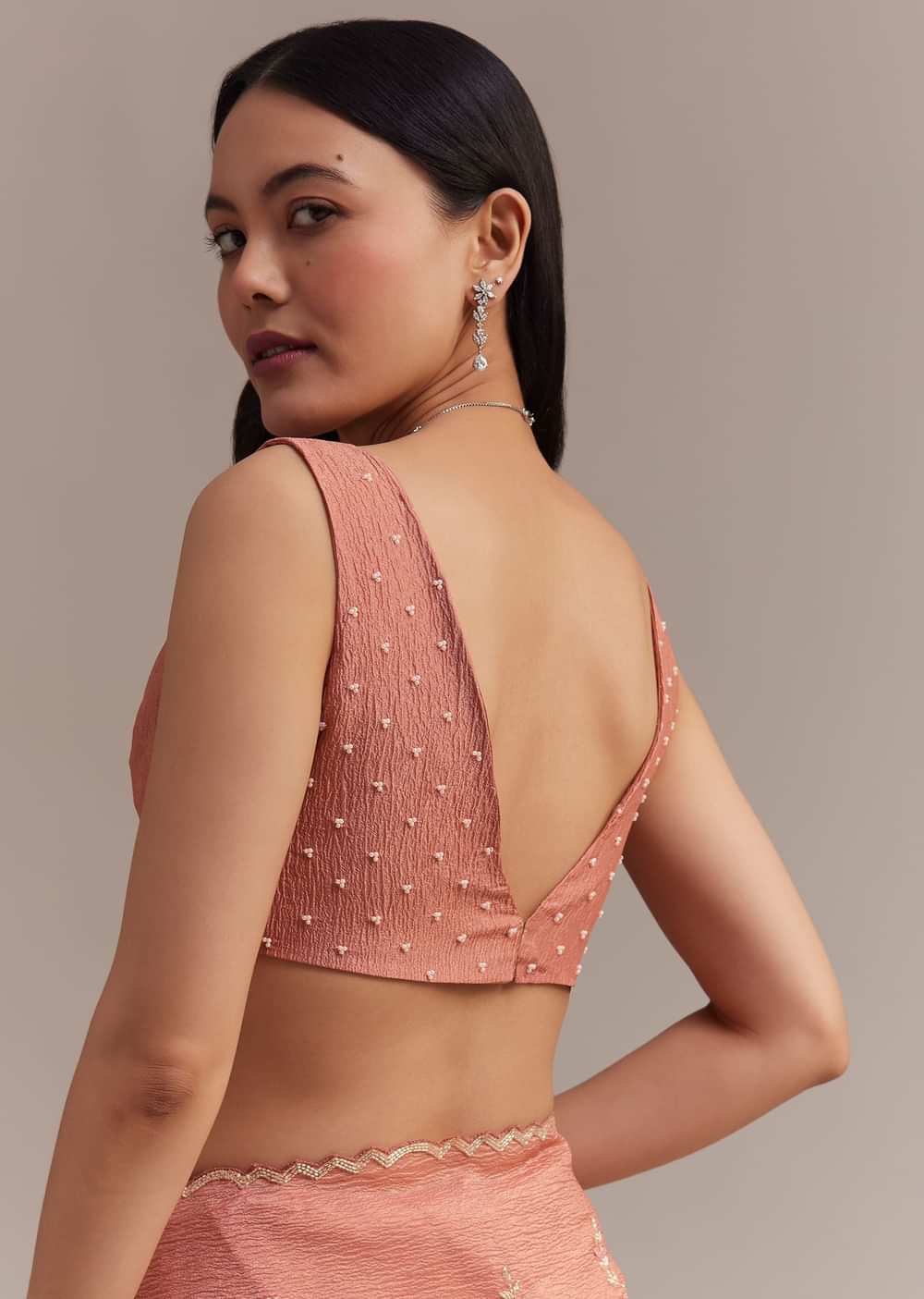 Peach Crushed Tissue Saree With Cutdana And Sequins Jaal Work