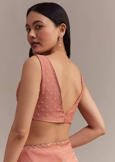 Peach Crushed Tissue Saree With Cutdana And Sequins Jaal Work