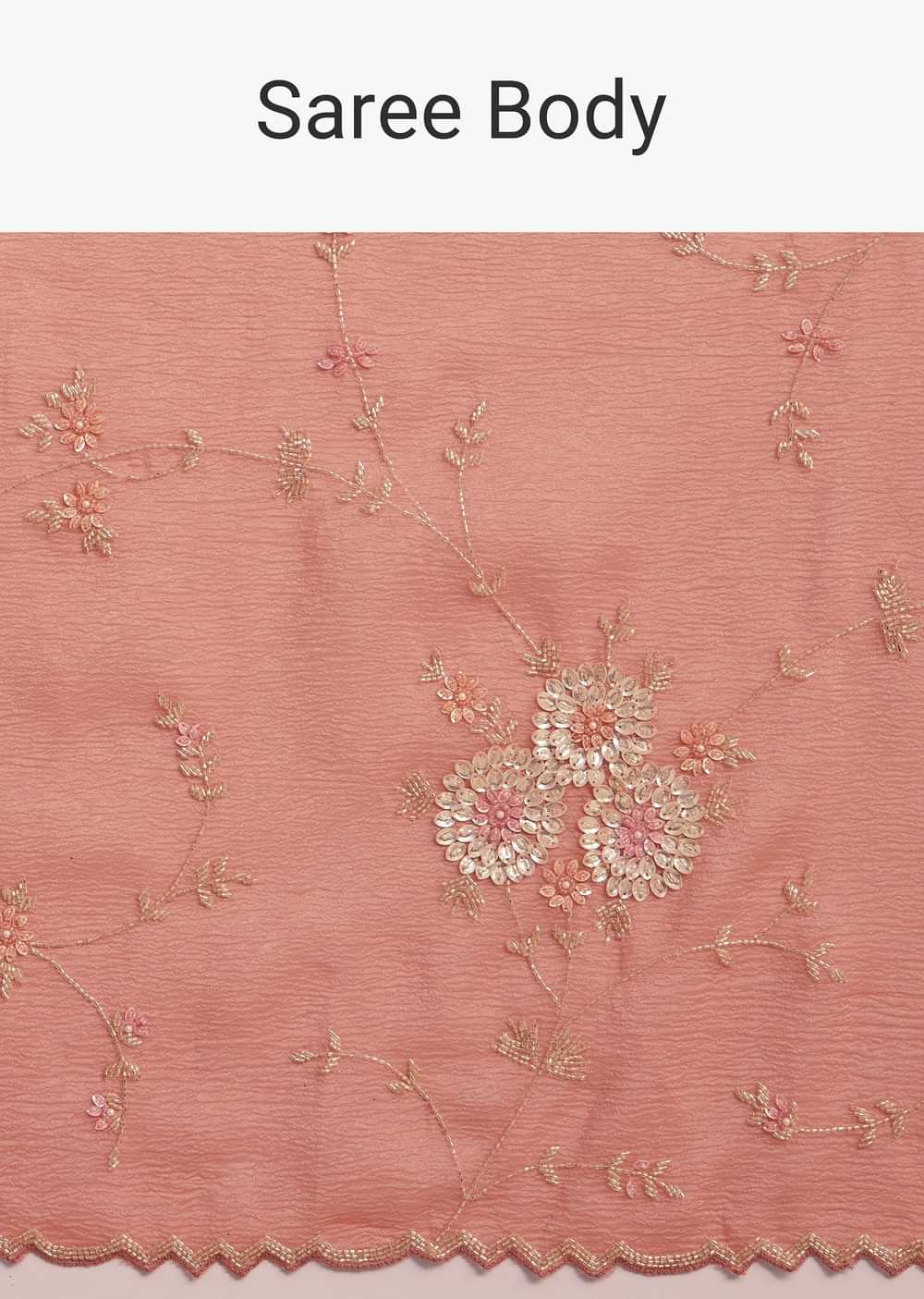 Peach Crushed Tissue Saree With Cutdana And Sequins Jaal Work