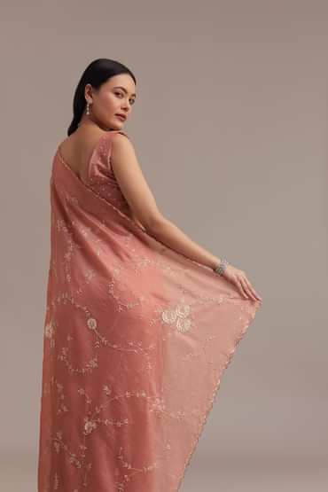 Peach Crushed Tissue Saree With Cutdana And Sequins Jaal Work