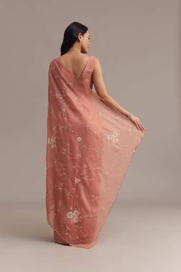 Peach Crushed Tissue Saree With Cutdana And Sequins Jaal Work