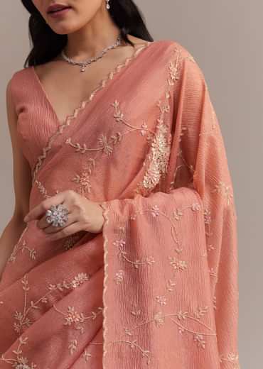 Peach Crushed Tissue Saree With Cutdana And Sequins Jaal Work