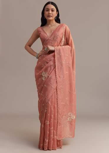 Peach Crushed Tissue Saree With Cutdana And Sequins Jaal Work