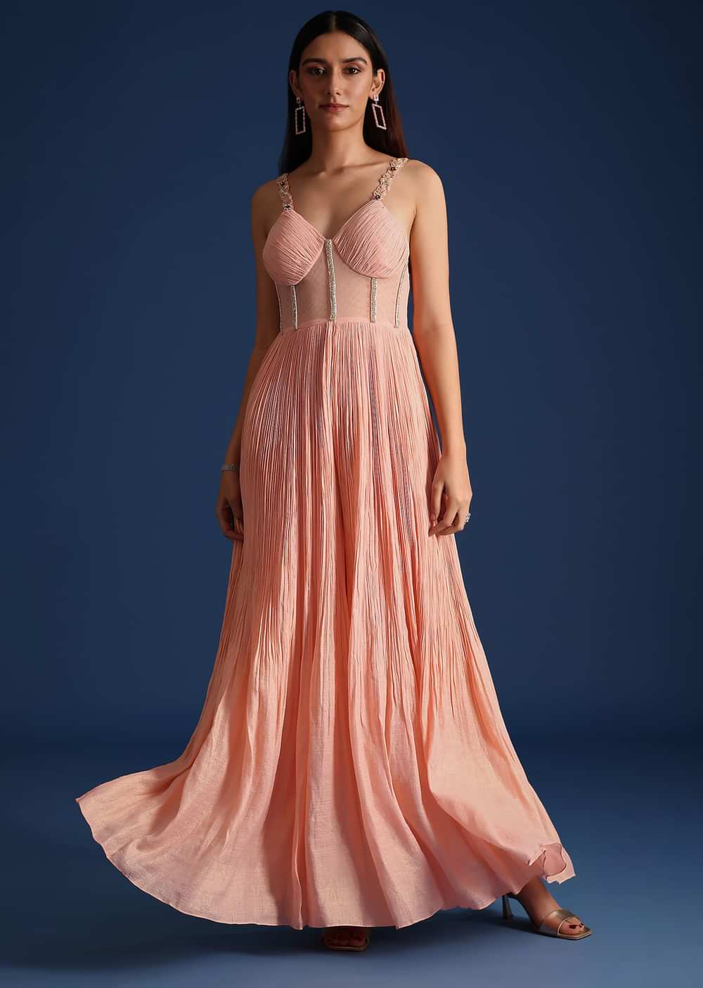 Peach Cutdana Work Pleated Jumpsuit