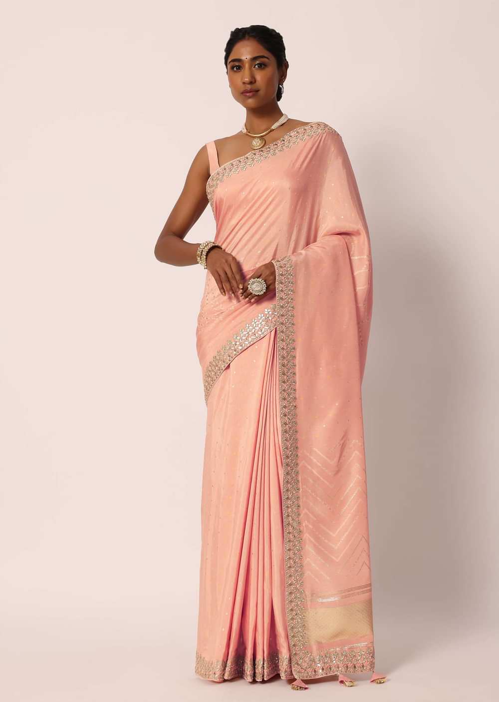 Peach Dola Silk Saree With Gota Patti Border And Unstitched Blouse Piece