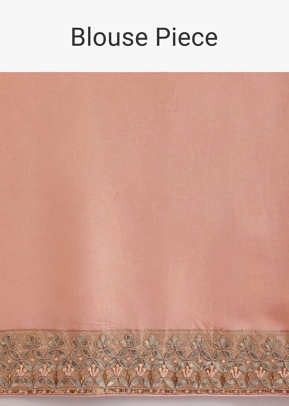 Peach Dola Silk Saree With Gota Patti Border And Unstitched Blouse Piece