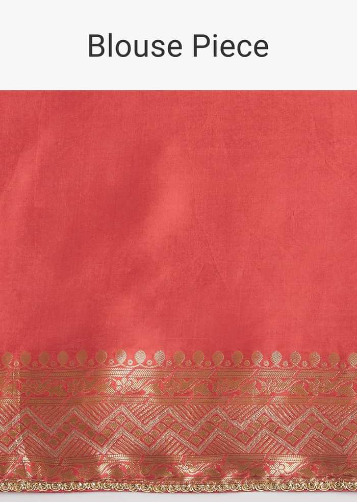 Peach Dola Silk Saree With Zari Work And Gota Patti Border