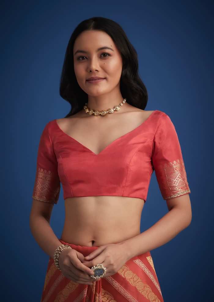 Peach Dola Silk Saree With Zari Work And Gota Patti Border