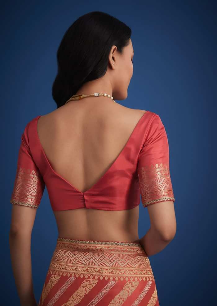 Peach Dola Silk Saree With Zari Work And Gota Patti Border