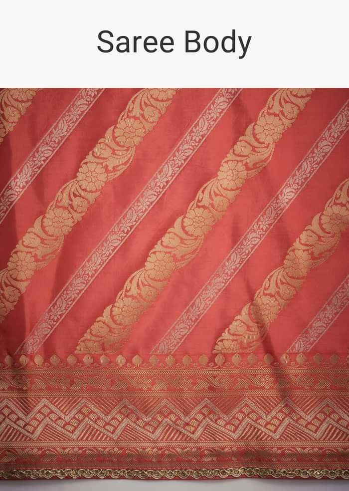 Peach Dola Silk Saree With Zari Work And Gota Patti Border