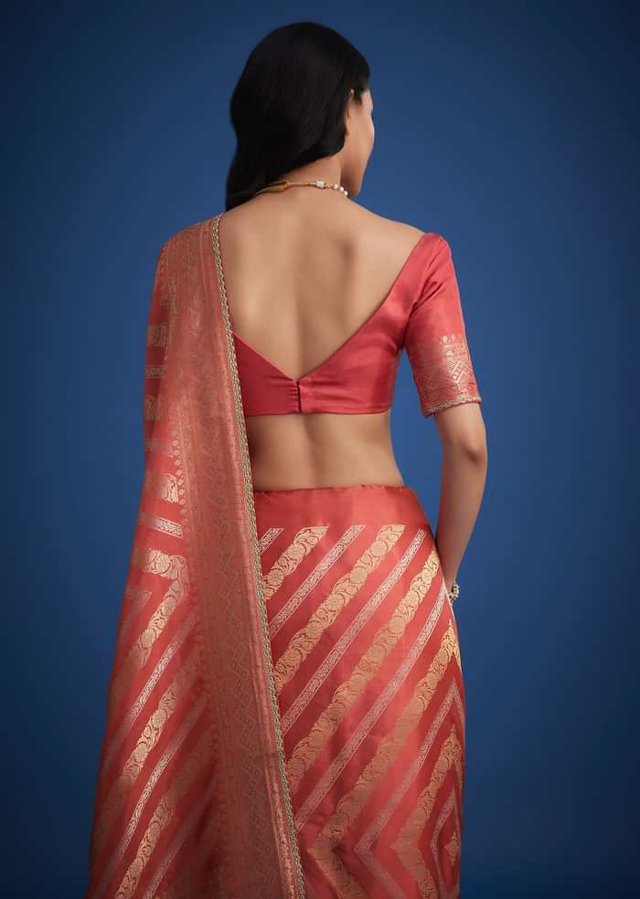 Peach Dola Silk Saree With Zari Work And Gota Patti Border