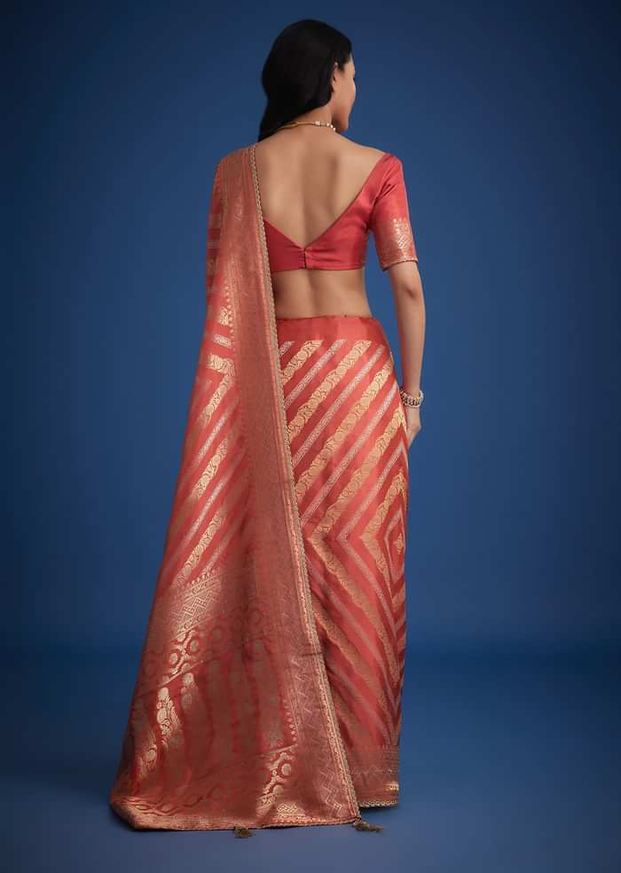 Peach Dola Silk Saree With Zari Work And Gota Patti Border