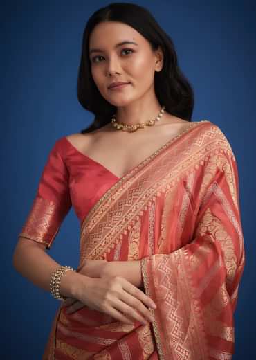 Peach Dola Silk Saree With Zari Work And Gota Patti Border