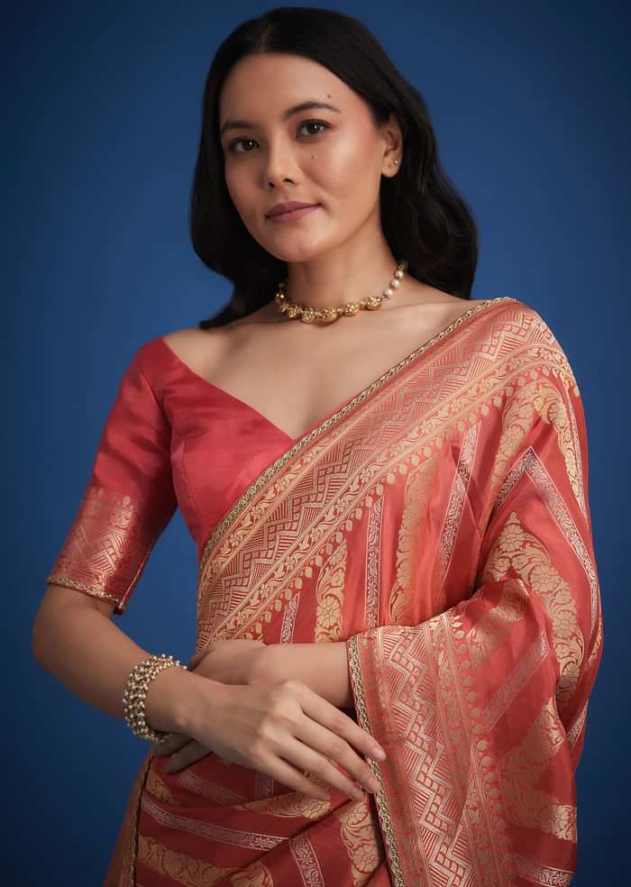Peach Dola Silk Saree With Zari Work And Gota Patti Border