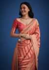 Peach Dola Silk Saree With Zari Work And Gota Patti Border