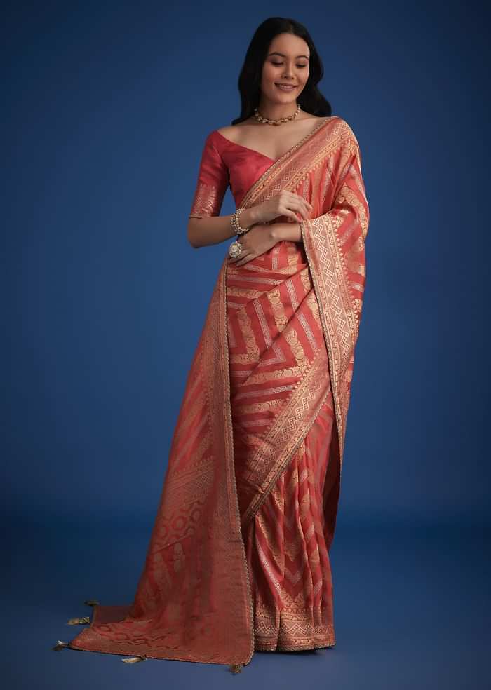 Peach Dola Silk Saree With Zari Work And Gota Patti Border