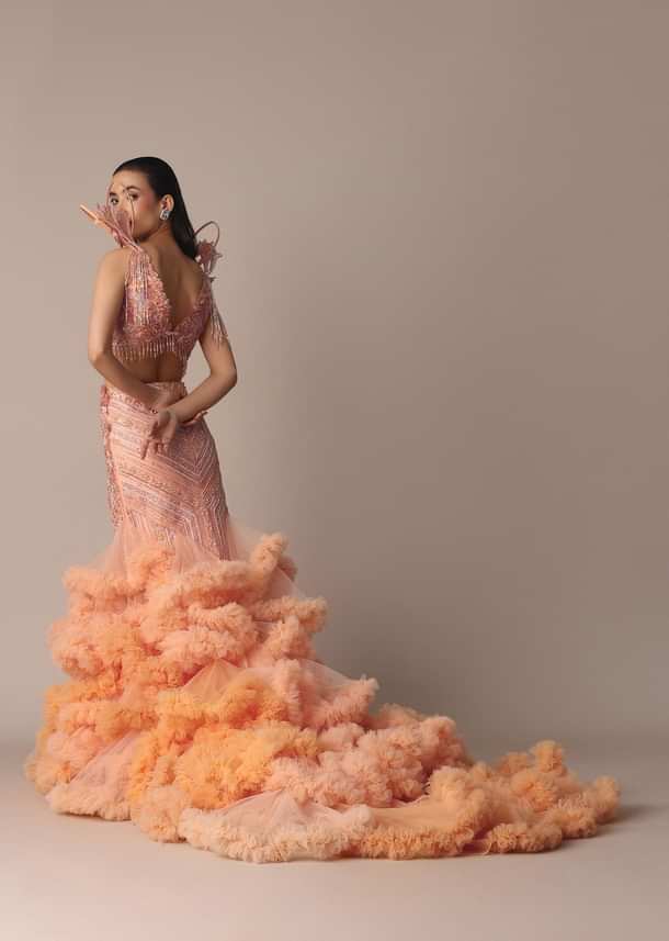 Peach Organza Cutdana Trail Lehenga With Feather Sleeve Blouse