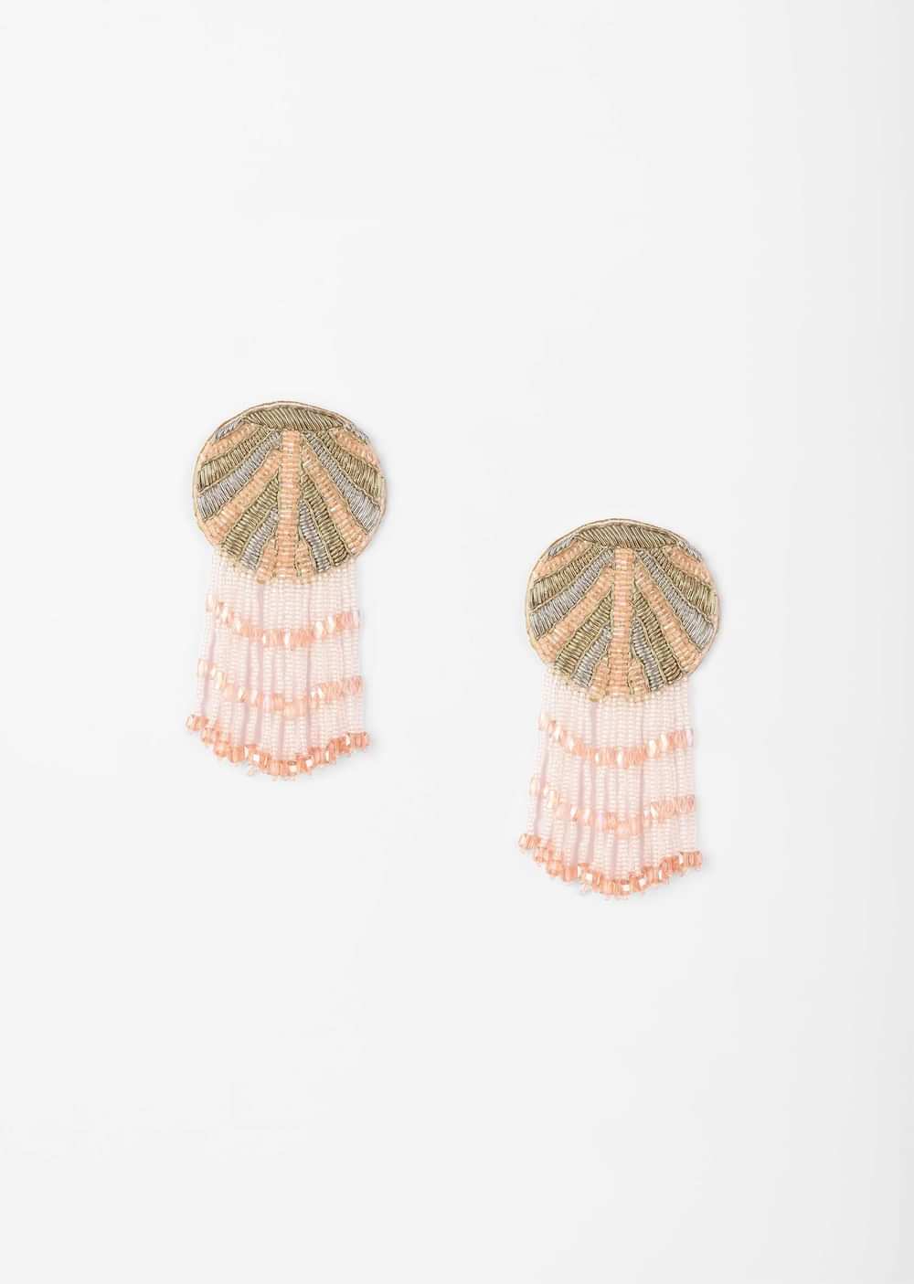 Peach Earrings With Cut Dana And Two Toned Zardosi Work Along With Fringe Detail